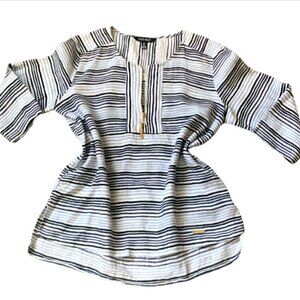 Ellen‎ Tracy Striped Linen Tunic Top 1/2 Zip Tassel Blue & White Sz L #43N